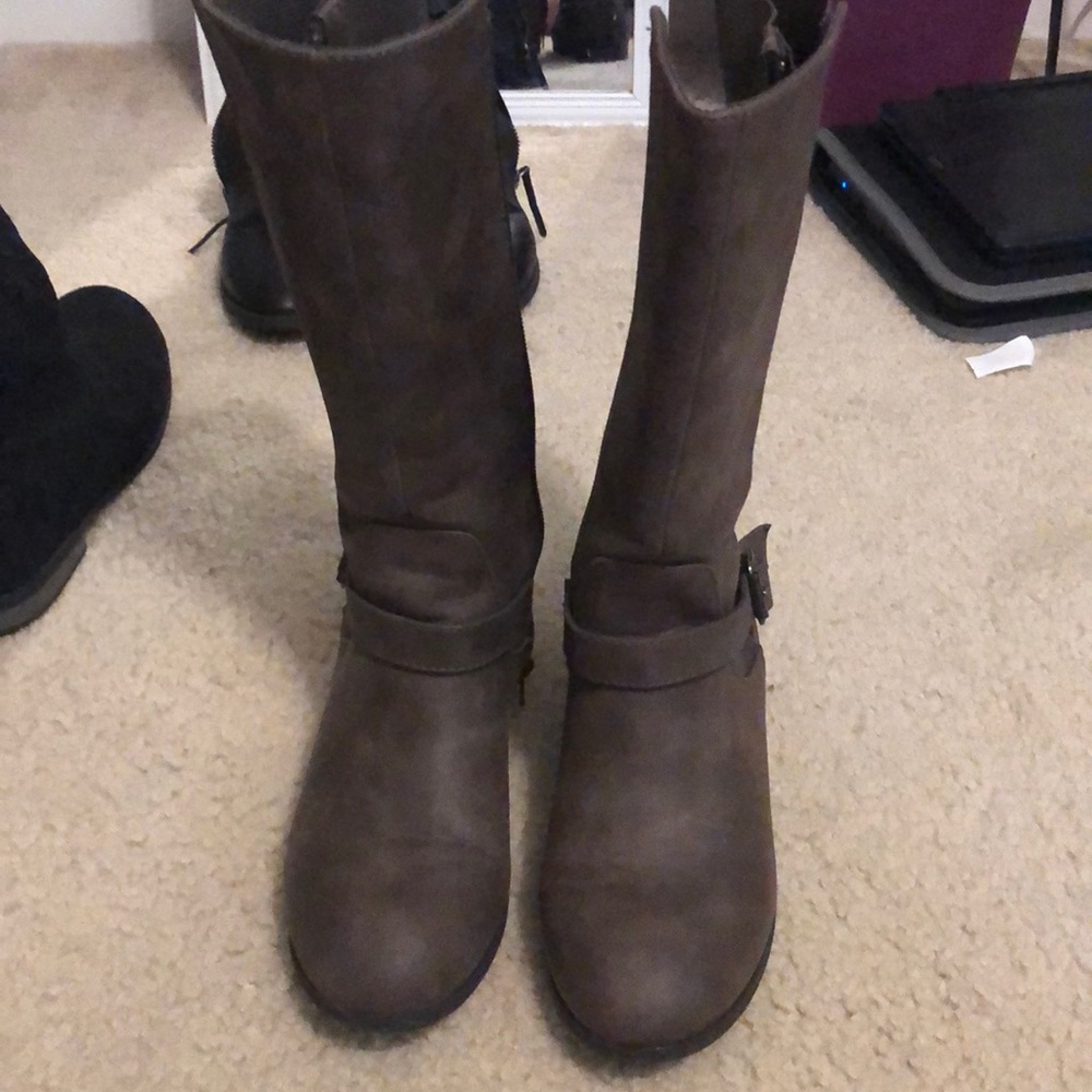brown shin high boots